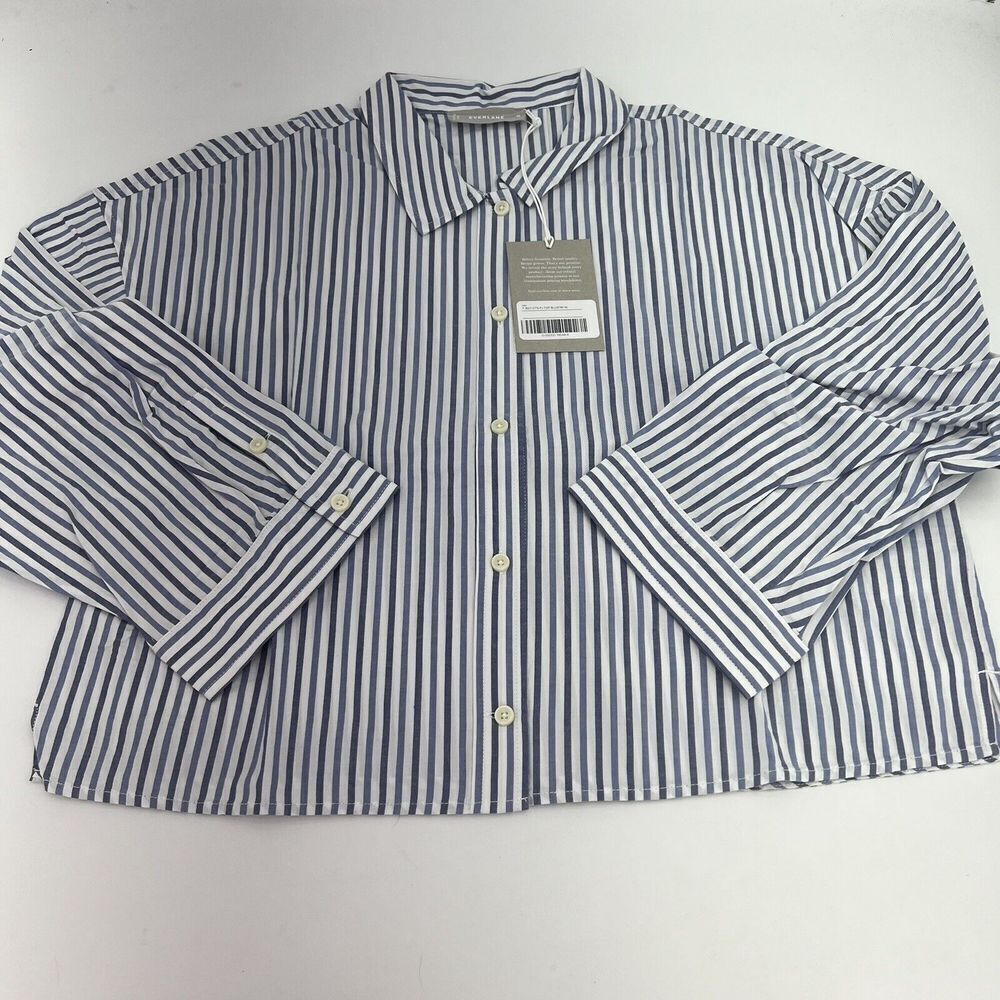 Everlane Women PJ Top Shirt M Striped Woven Cotton Soft Boxy White Blue NWT